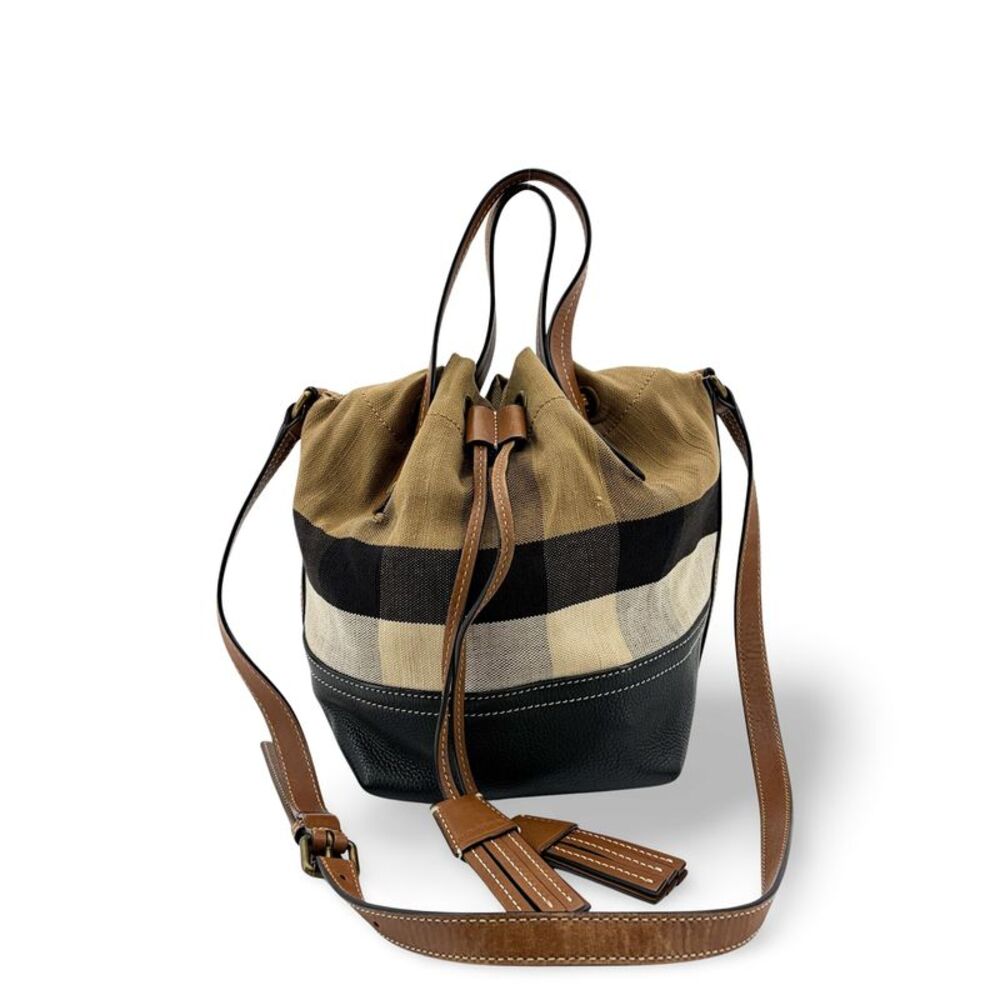 Burberry Medium Ashby Canvas Check Bucket Bag Black Brown